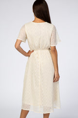 Ivory Textured Chiffon Waist Tie Midi Dress