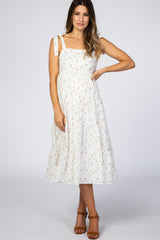 Ivory Floral Square Neck Shoulder Tie Maternity Midi Dress