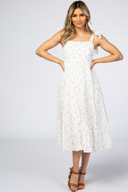 Ivory Floral Square Neck Shoulder Tie Midi Dress