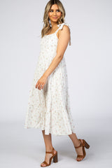 Ivory Floral Square Neck Shoulder Tie Midi Dress