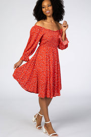 Dark Coral Floral Smocked Dress