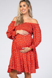 Dark Coral Floral Smocked Maternity Dress