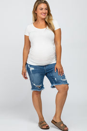 Medium Wash Distressed Denim Plus Maternity Shorts