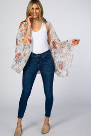 White Floral Chiffon Dolman Sleeve Cover Up