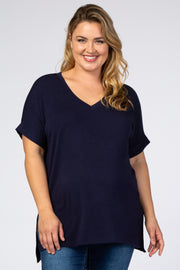 Navy V-Neck Cuffed Short Sleeve Plus Maternity Top