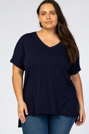 Navy V-Neck Cuffed Short Sleeve Plus Top