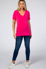 Fuchsia V-Neck Short Sleeve Maternity Top