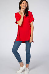 Red V-Neck Cuffed Short Sleeve Top