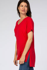 Red V-Neck Cuffed Short Sleeve Top