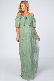 Light Olive Lace Overlay Off Shoulder Flounce Maternity Maxi Dress