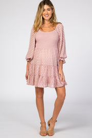 Mauve Smocked Polka Dot Long Sleeve Maternity Dress