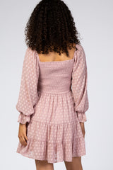 Mauve Smocked Polka Dot Long Sleeve Dress