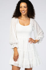 White Smocked Polka Dot Long Sleeve Dress