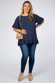 Navy Sleeve Fringe Ruffle Trim Plus Maternity Blouse