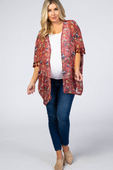 Rust Floral Swiss Dot Fringe Accent Maternity Cover Up