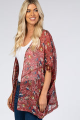 Rust Floral Swiss Dot Fringe Accent Cover Up