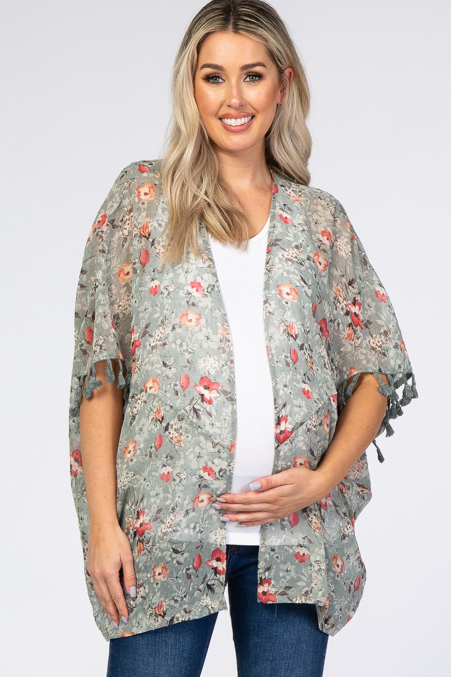 Light Olive Floral Swiss Dot Fringe Accent Maternity Cover Up – PinkBlush