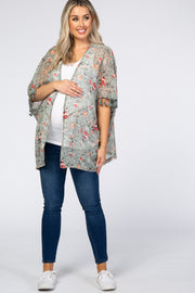 Light Olive Floral Swiss Dot Fringe Accent Maternity Cover Up