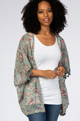 Light Olive Floral Swiss Dot Fringe Accent Cover Up