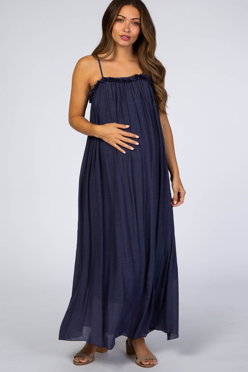 Navy Ruffle Linen Maternity Maxi Dress– PinkBlush