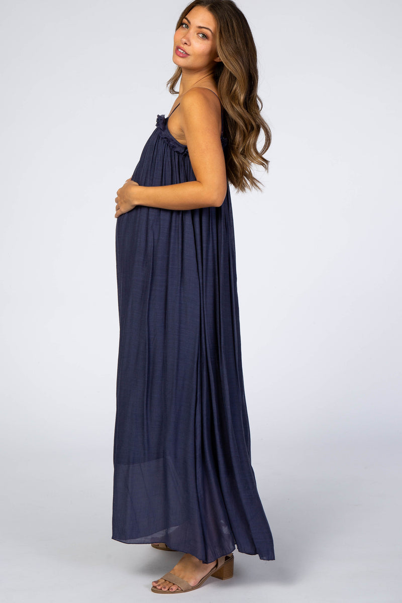 Navy Ruffle Linen Maternity Maxi Dress– PinkBlush
