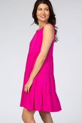 Fuchsia Soft Knit Pleated Tiered Sleeveless Dress