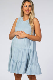 Light Blue Soft Knit Pleated Tiered Sleeveless Maternity Dress