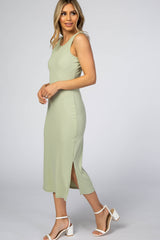 Light Green Ribbed Sleeveless Fitted Midi Dress