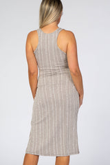 Mocha White Striped Fitted Maternity Midi Dress