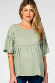 Light Olive Ruffle Trim Short Sleeve Maternity Top