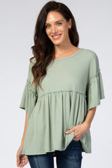 Light Olive Ruffle Trim Short Sleeve Maternity Top