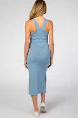 Light Blue Fitted Sleeveless Midi Maternity Dress