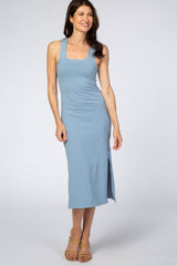 Light Blue Fitted Sleeveless Midi Maternity Dress