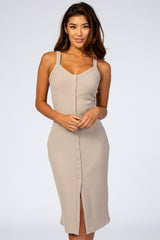 Beige Ribbed Snap Button Front Fitted Midi Dress