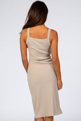 Beige Ribbed Snap Button Front Fitted Midi Dress