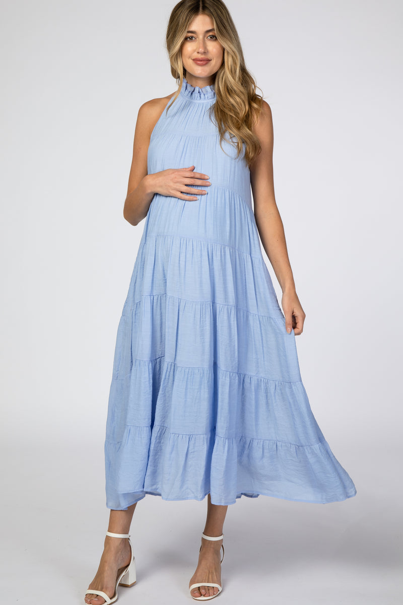 Light Blue Tiered High Neck Maternity Maxi Dress – PinkBlush