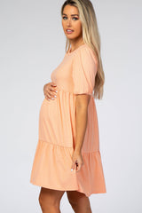 Light Orange Heather Ribbed Tiered Maternity Dress