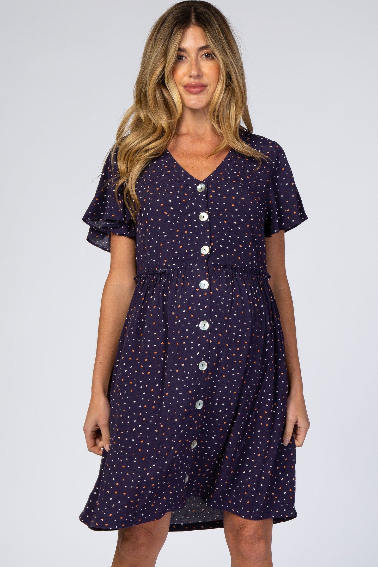 Navy Blue Speckled Button Front Maternity Dress– PinkBlush