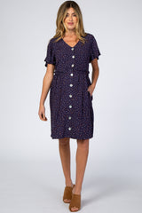 Navy Blue Speckled Button Front Maternity Dress