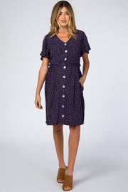 Navy Blue Speckled Button Front Maternity Dress