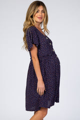 Navy Blue Speckled Button Front Maternity Dress