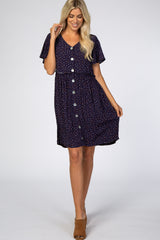 Navy Blue Speckled Button Front Maternity Dress