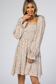 Ivory Floral Smocked Long Sleeve Dress