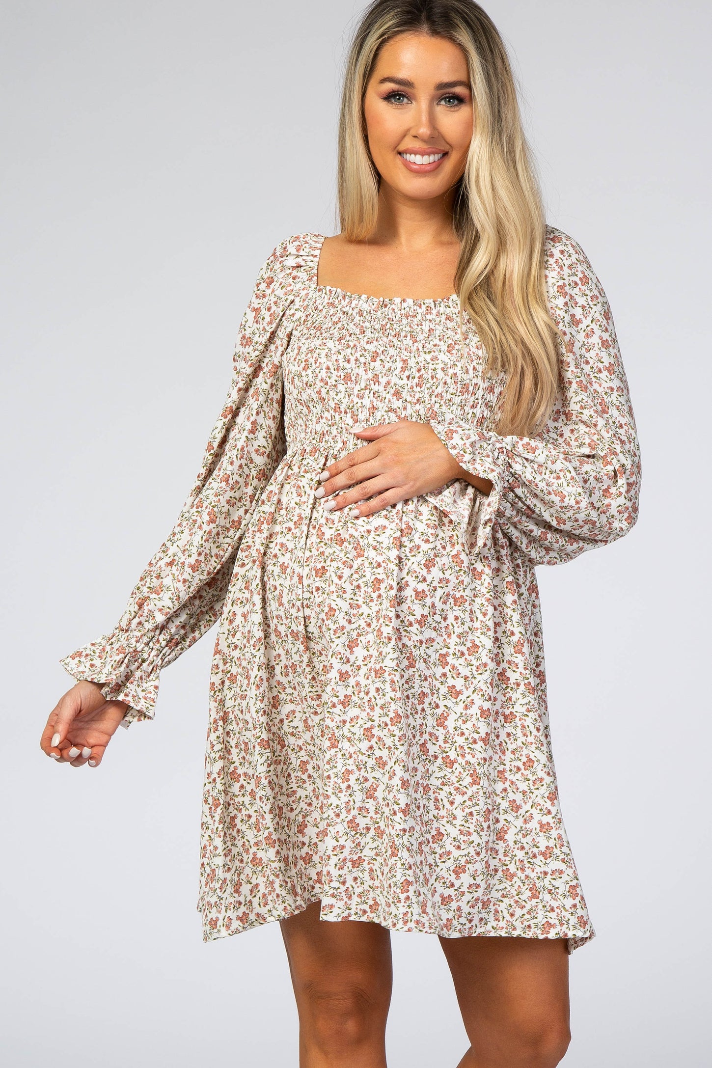 Ivory Floral Smocked Long Sleeve Maternity Dress– PinkBlush
