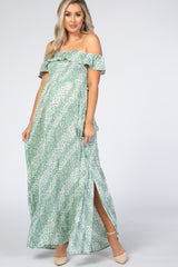 Mint Floral Off Shoulder Side Slit Maternity Maxi Dress