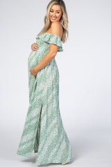 Mint Floral Off Shoulder Side Slit Maternity Maxi Dress