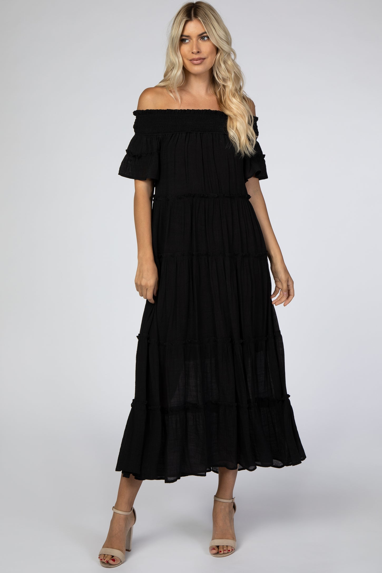 Black Off Shoulder Tiered Maxi Dress– PinkBlush