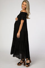 Black Off Shoulder Tiered Maternity Maxi Dress