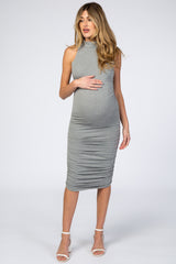 Heather Grey High Neck Ruched Fitted Maternity Dress