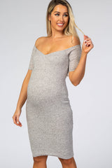 Beige Ribbed Fitted Off Shoulder Maternity Dress